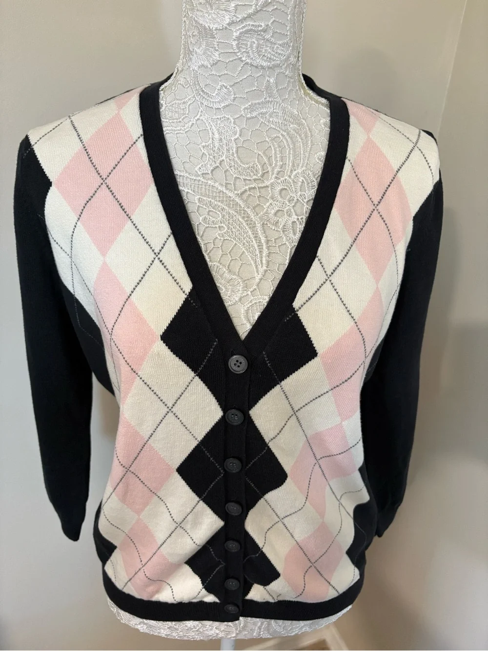 Michael Kors Black, Pink & Cream Argyle V-Neck Cardigan 100% Cotton XL